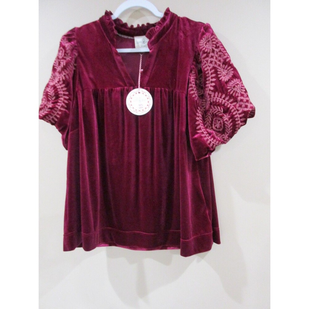 NWT Umgee Velvet Top Women Large Pink Embroidered Puff Sleeves MSRP 64.00
